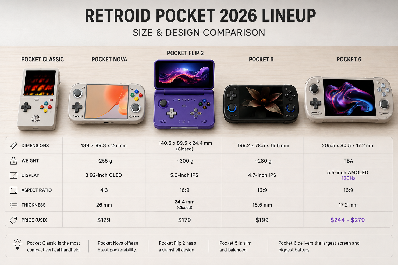 So sánh 5 dòng Retroid Pocket cạnh nhau
